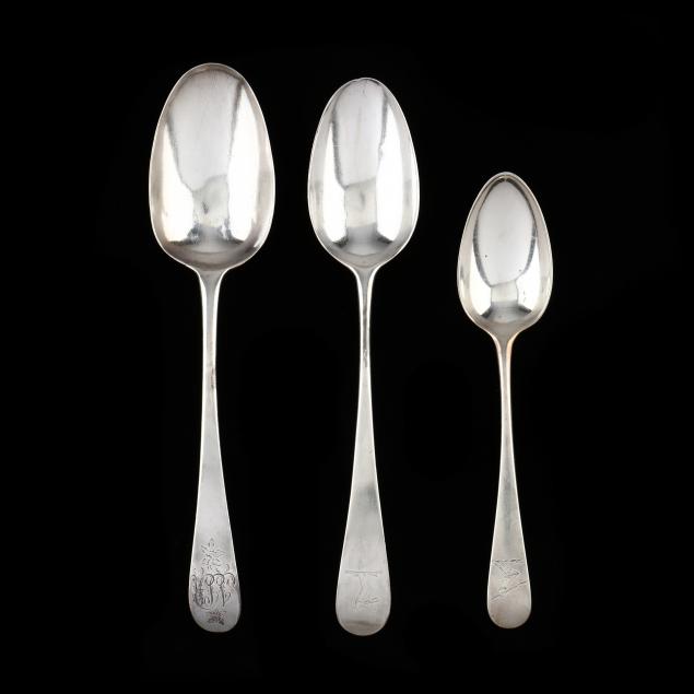 Appraisal: THREE GEORGE III SILVER SPOONS MARKS OF HESTER BATEMAN London