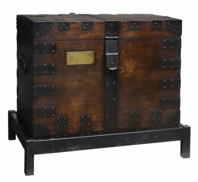 Appraisal: English iron-strapped oak ship's silver chest trunk Lambert Coventry Street