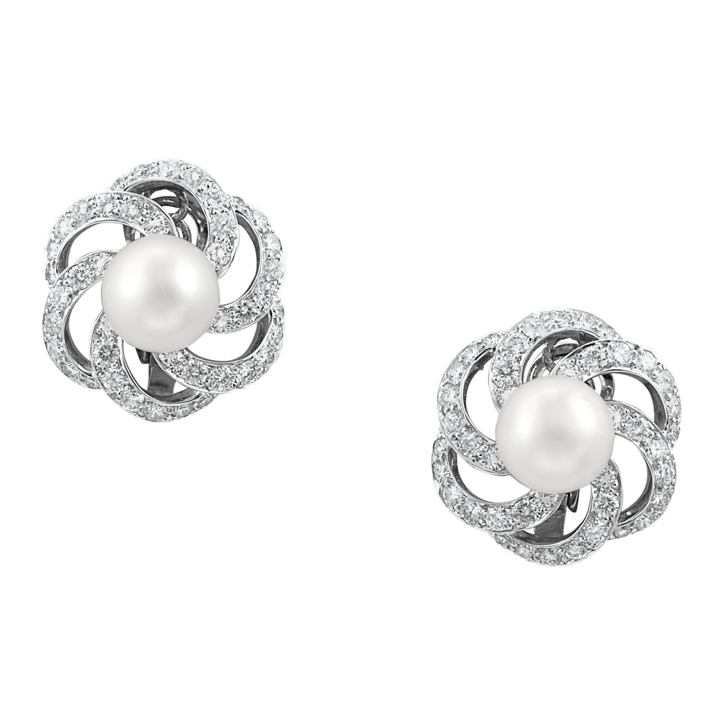 Appraisal: Pair of Cultured Pearl and Diamond Earrings White gold centering