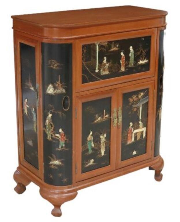 Appraisal: Chinese black lacquered bar cabinet th c case with applied