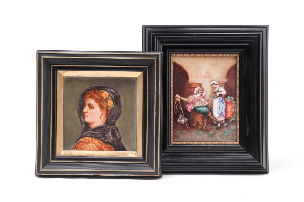 Appraisal: TWO FRAMED PAINTINGS ON PORCELAIN Late th century European scene