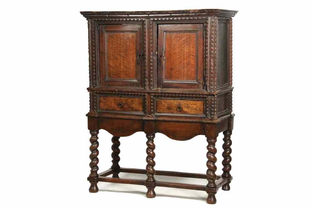 Appraisal: TWO-PIECE COURT CUPBOARD - English Oak Jacobean Period Court Cupboard