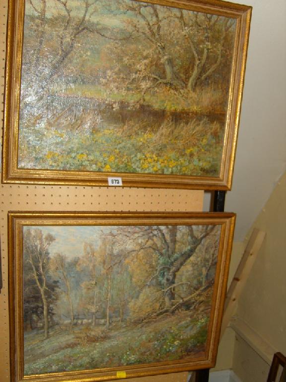 Appraisal: A pair of oil painting on board of woodland scenes