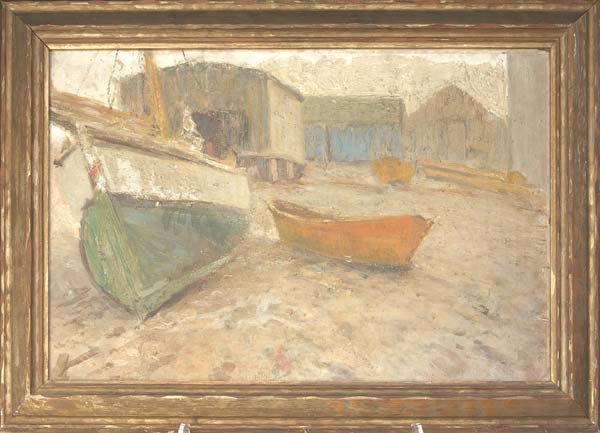 Appraisal: Bucks County Schoool Untitled Boats Oil on canvas Inscribed in