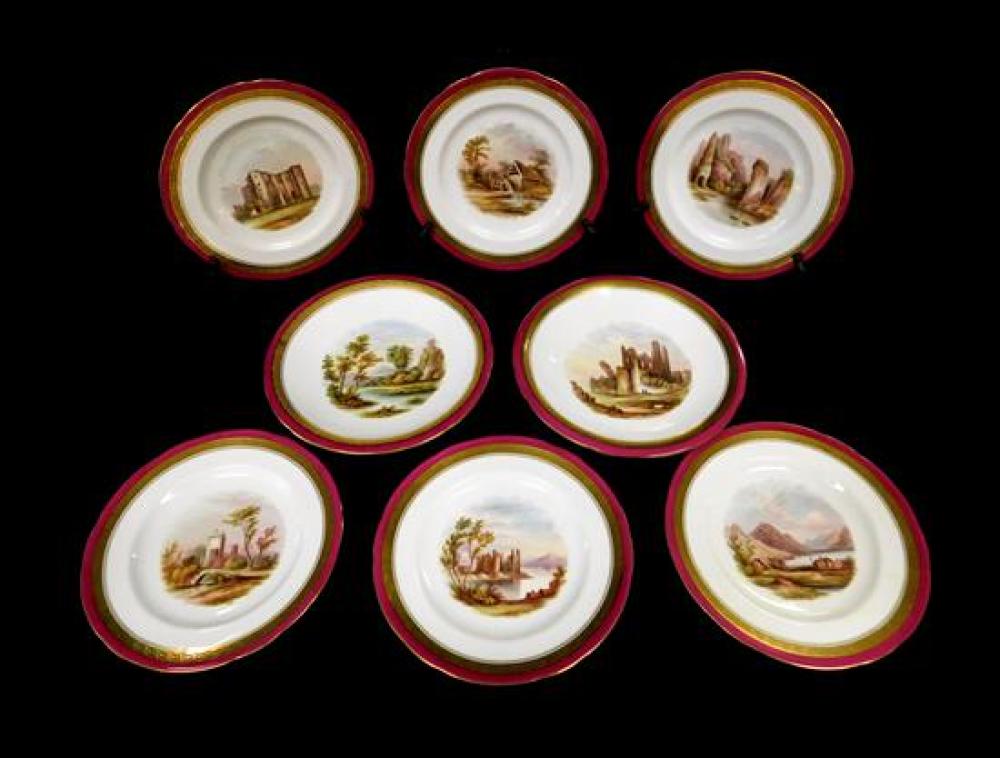 Appraisal: Minton dessert set eight pieces hand-painted English country-side scenes at