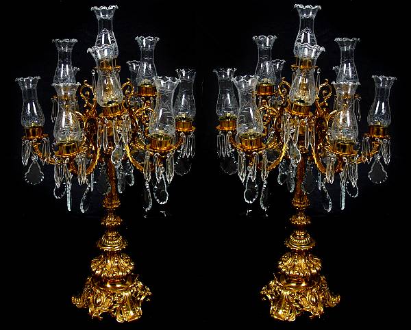 Appraisal: A pair of gilt bronze ten light girondoles with crystal