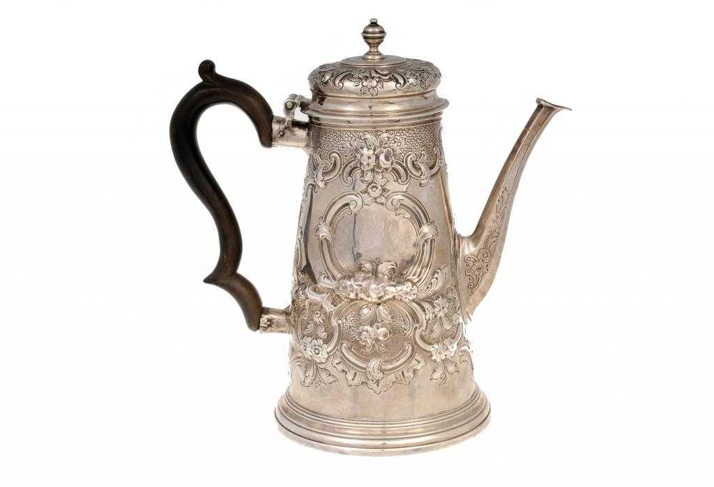 Appraisal: A GEORGE II COFFEE POT tapered cylindrical the bun shaped