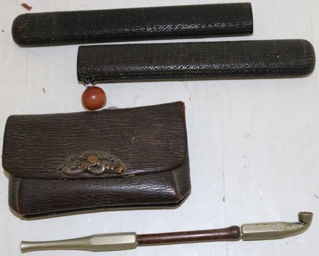 Appraisal: TH C JAPANESE OPIUM PIPE WITH CASE AND POUCH A