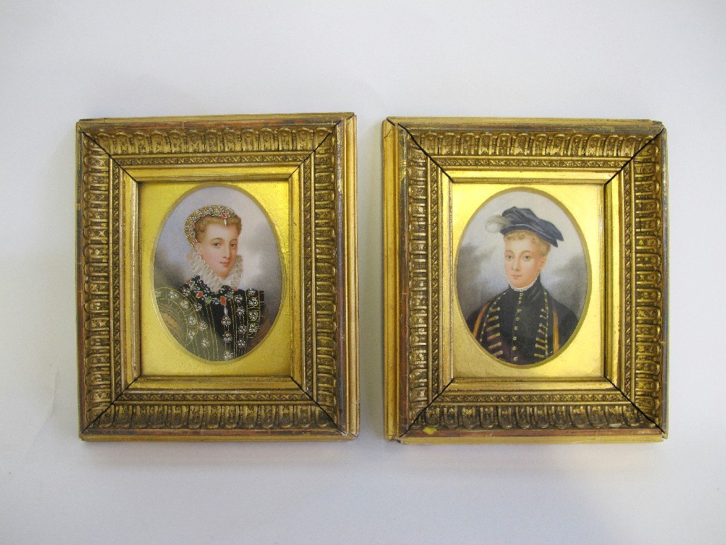 Appraisal: Pair of painted miniatures on ivorine one depicting Mary Queen