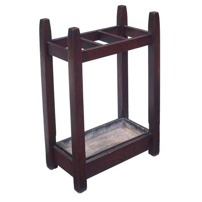 Appraisal: Gustav Stickley umbrella stand three umbrella compartments with original drip