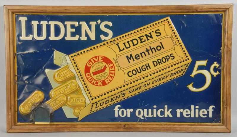 Appraisal: Embossed Tin Ludens Cough Drop Sign Description Some creasing throughout