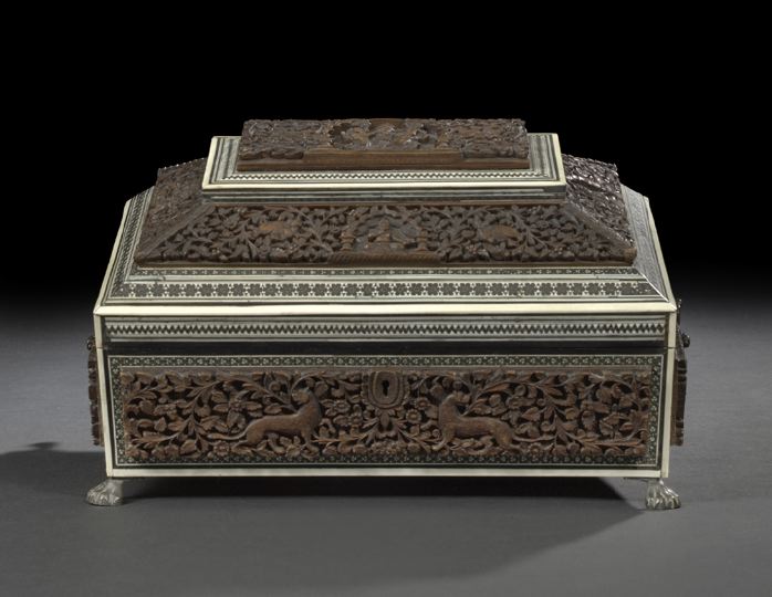 Appraisal: Large East Indian Inlaid Bone-Mounted Highly Carved Sandalwood Workbox in