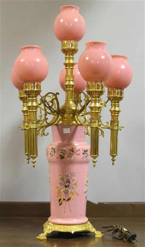 Appraisal: VICTORIAN BRISTOL STYLE GILT BRASS AND PINK GLASS FIVE LIGHT