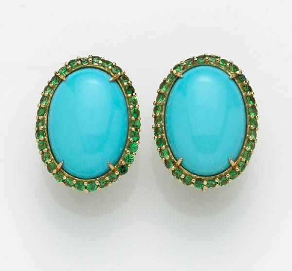 Appraisal: A pair of turquoise and tsavorite garnet clip-earrings each earring