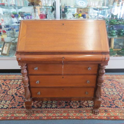 Appraisal: Period Mahogany Dropfront Desk fancy carved column sides lion paw