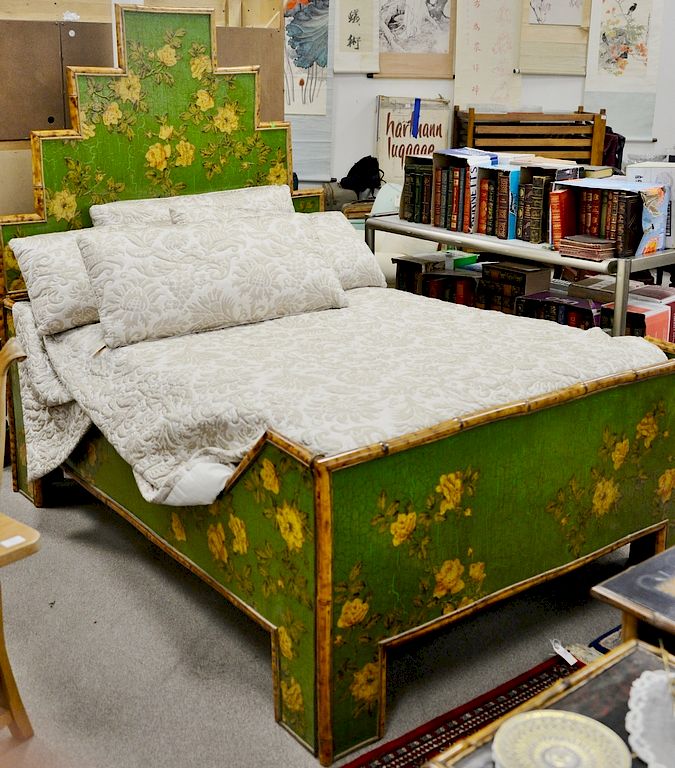 Appraisal: Bamboo and paint decorated double size bed late th century