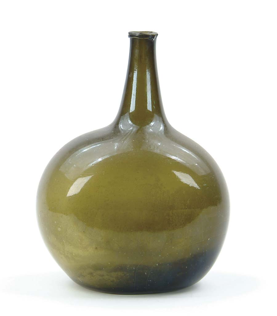 Appraisal: OLIVE GLASS CHESTNUT TYPE BOTTLE Pontil mark and wear to