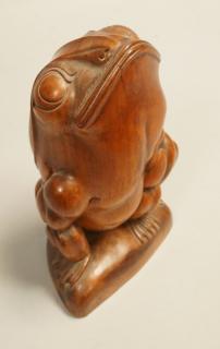 Appraisal: Asian Carved Wood Frog Sculpture with Lotus Back Solid Wood