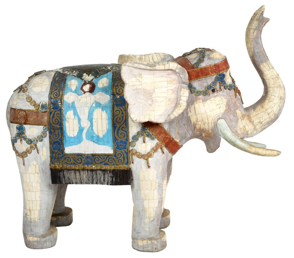 Appraisal: INDIAN PAINTED BONE-VENEERED ELEPHANT FIGURECondition losses to veneer on the