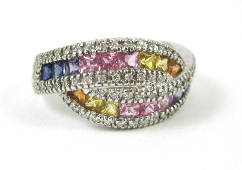 Appraisal: MULTI-COLOR SAPPHIRE AND DIAMOND RING The k white gold ring