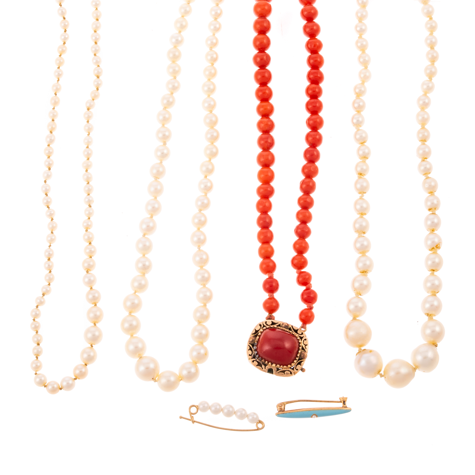 Appraisal: A COLLECTION OF PEARL CORAL NECKLACES PINS Double strand coral