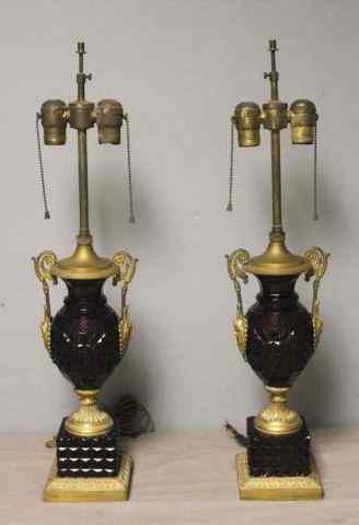 Appraisal: Pair of Amethyst Colored Bronze Mounted Lamps Super Quality Cut