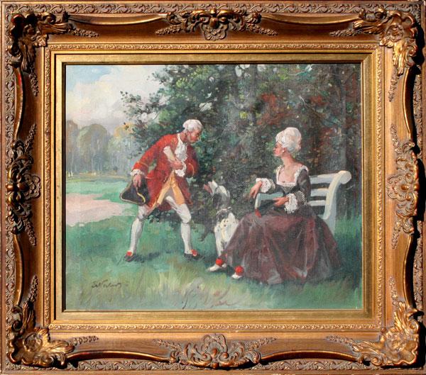 Appraisal: ILLEGIBLY SIGNED GENRE COURTING SCENE PAINTING Oil canvas '' x