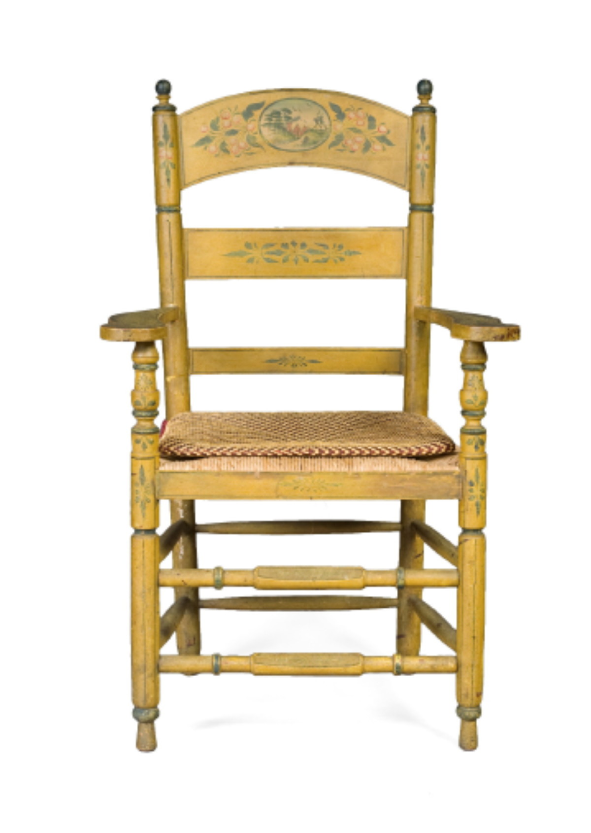 Appraisal: LARGE YELLOW-PAINTED AND DECORATED LADDERBACK ARMCHAIR PROBABLY AMERICAN CIRCA The