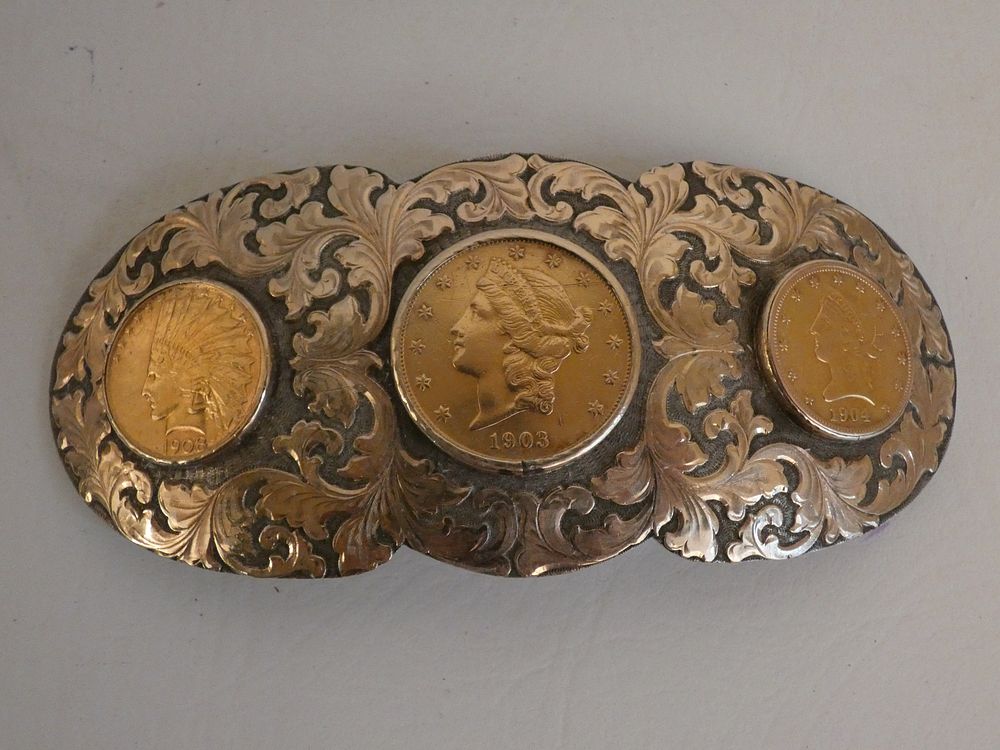 Appraisal: BOYD BUCKLE WITH GOLD COINS Exquisite hand wrought sterling silver