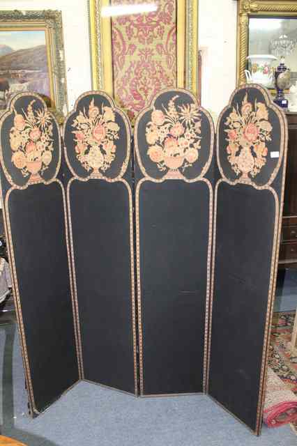 Appraisal: AN ANTIQUE FOUR FOLD UPHOLSTERED SCREEN with arching top wide