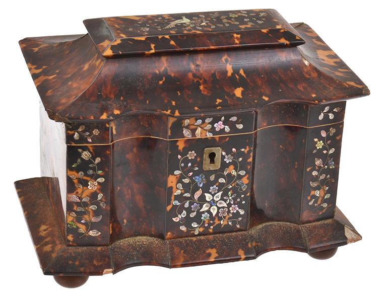 Appraisal: TH CENTURY MOTHER OF PEARL INLAID TORTOISE SHELL TEA CADDY