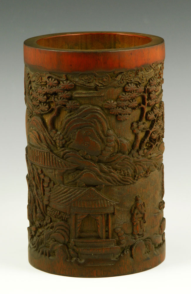 Appraisal: - Carved Bamboo Brush Pot Bamboo brush pot China elaborately