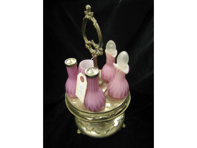 Appraisal: Pink Satin Art Glass Castor Set herringbone decor silverplate stand