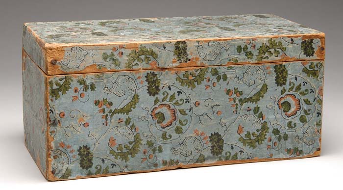 Appraisal: EARLY SHAKER STYLE WALLPAPER COVERED BOX Rectangular box with cotter