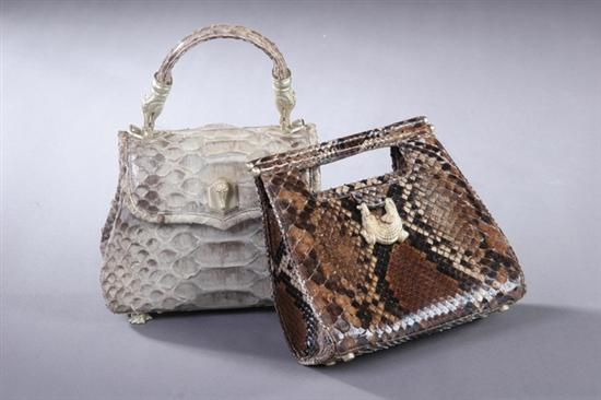 Appraisal: TWO KEISELSTEIN-CORD SNAKESKIN HANDBAGS First brown with full-body gold-tone alligator