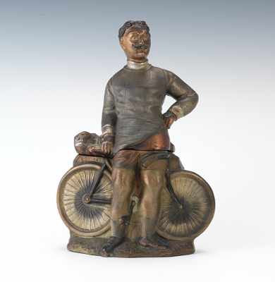 Appraisal: A Large Figural Humidor of a Vintage Cyclist Terracotta jar