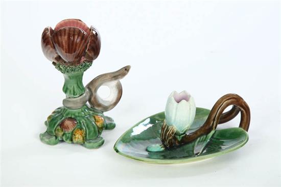 Appraisal: TWO MAJOLICA CHAMBERSTICKS Both unattributed Footed shell form with a