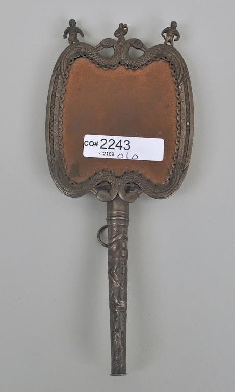 Appraisal: Small Dutch Silver Hand Mirror the engraved and pieced frame