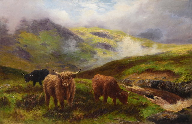 Appraisal: WILLIAM WATSON - Highland cattle by a stream signed oils