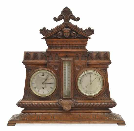 Appraisal: AN EDWARDIAN OAK CASED COMBINATION CLOCK THERMOMETER AND BAROMETER The