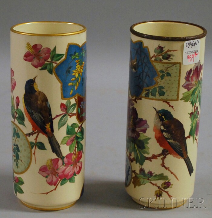 Appraisal: Pair of French Aesthetic Japonesque Hand-painted Pottery Vases one mounted