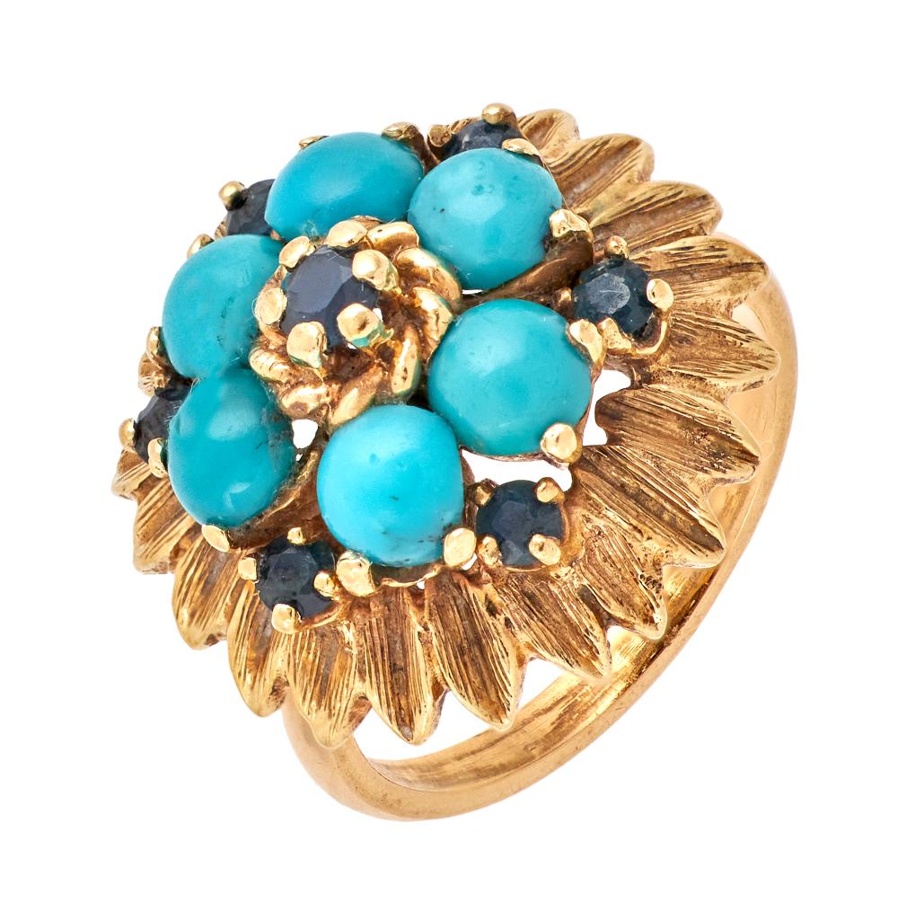 Appraisal: KT AND KT YELLOW GOLD TURQUOISE AND SAPPHIRE RING APPROX