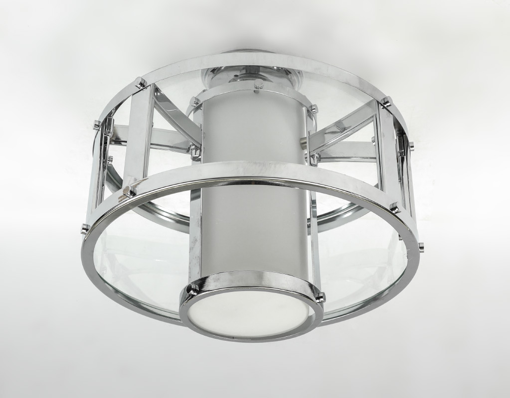 Appraisal: CONTEMPORARY CHROME AND FROSTED GLASS CHANDELIER Contemporary light fixture by