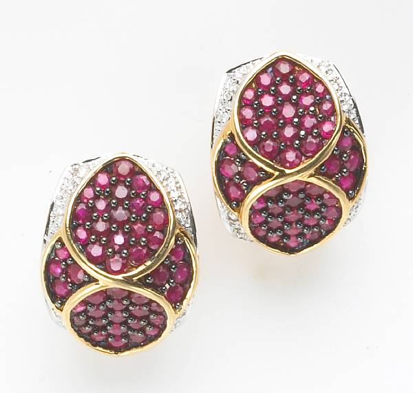 Appraisal: A pair of ruby diamond and k gold earrings estimated