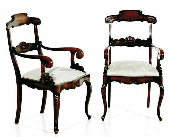 Appraisal: Pair Regency style mahogany armchairs vertical stiles supporting shaped and