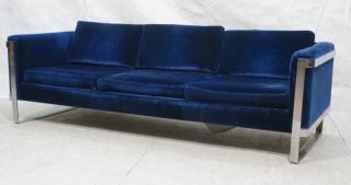 Appraisal: MILO BAUGHMAN Chrome Frame Blue Sofa Couch Thick chrome steel