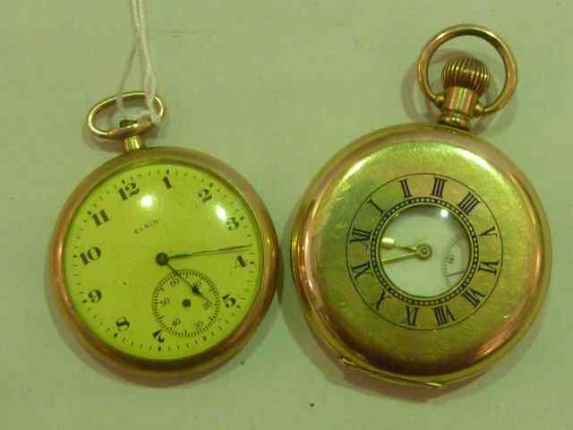 Appraisal: A GOLD PLATED HALF HUNTER POCKET WATCH with enamel dial