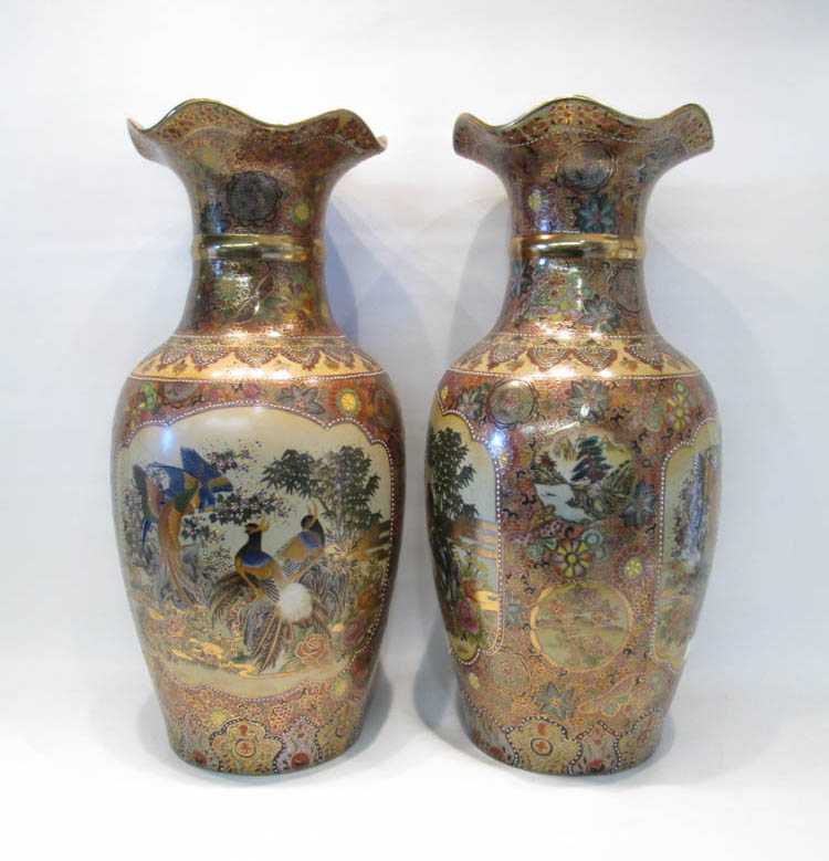 Appraisal: PAIR OF JAPANESE SATSUMA POTTERY FLOOR VASES of standard vasiform