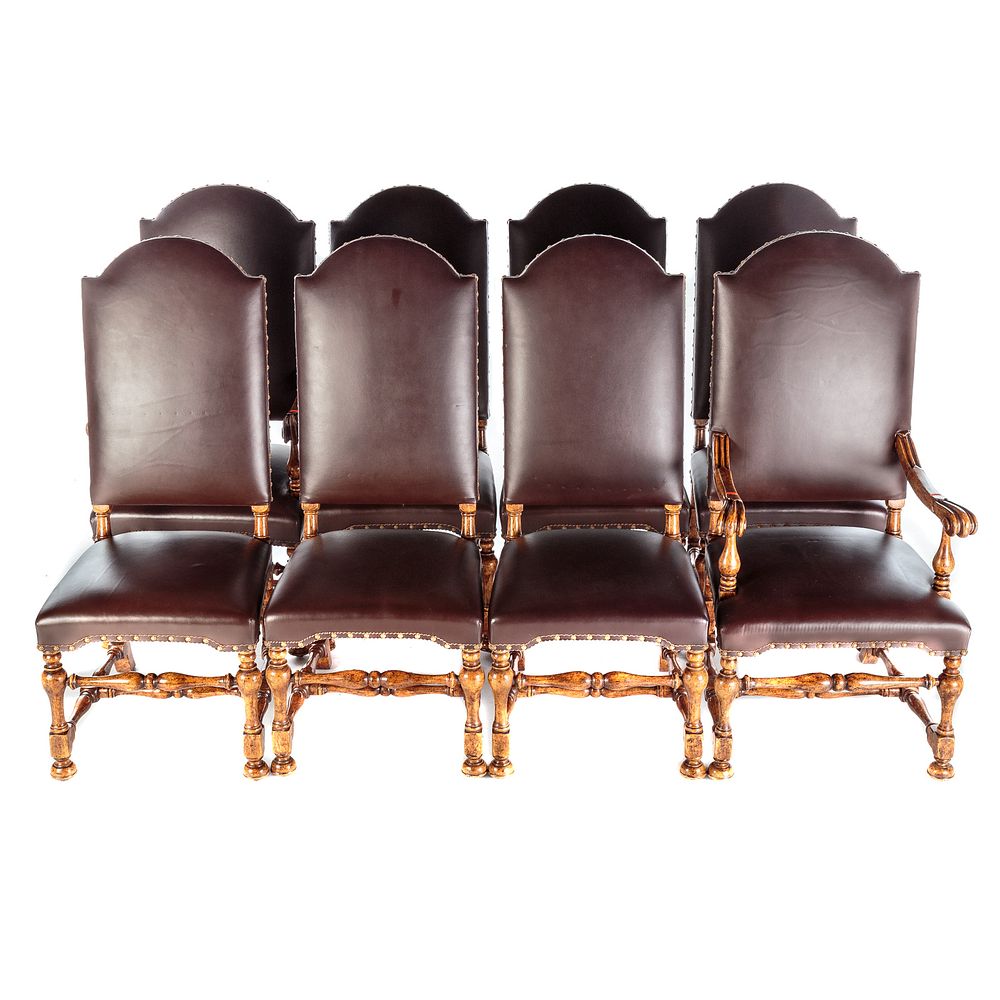 Appraisal: Eight Baroque Style Leather Dining Chairs With custom brown leather