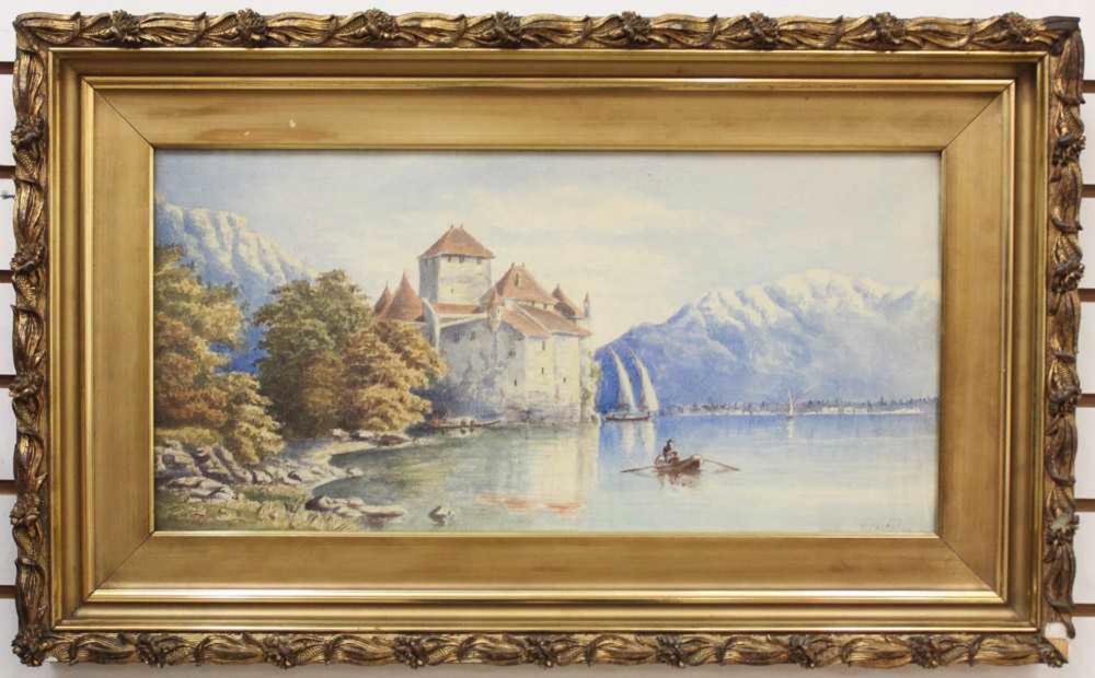 Appraisal: F FAIRBURN th century watercolor on paper European castle with